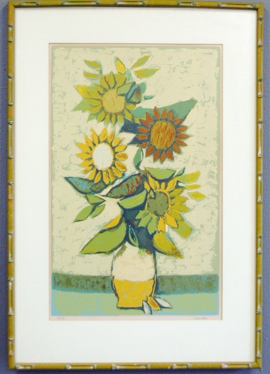 David Pryor Adickes, American 1927-: David Pryor Adickes, American 1927-, Houston, Texas, limited edition serigraphfa "Sunflower Bouquet", original faux bamboo frame, 68/300, 23" x 33" overall. Good condition.