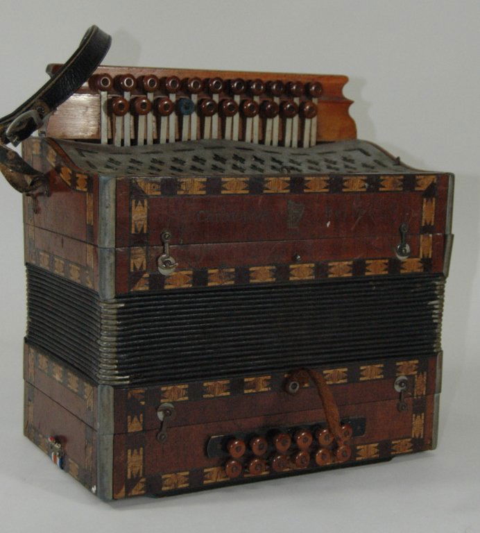 Christopher Bellini Squeeze Box: Christopher Bellini antique accordion or squeeze box. Cabinet is parquetry inlaid with Bakelite keys, one key top missing, bellows in good shape, good tone, 2 keys seem to stick, strap is probably rep