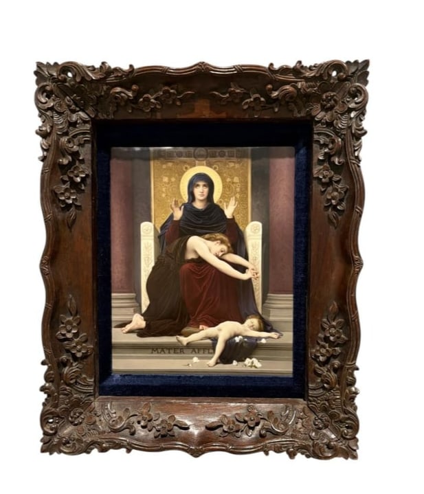 KPM Plaque - Mother of Consolation after William-Adolphe Bouguereau: KPM Plaque - Mother of Consolation after William-Adolphe Bouguereau. This after painting by Bouguereau "Virgin of Consolation". This KPM fine Hand Painted porcelain plaque shows a grieving mother who