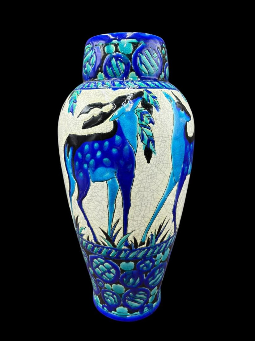 Charles Catteau Art Deco Earthenware Deer Motif 16.5" Tall Vase (1 of 20)