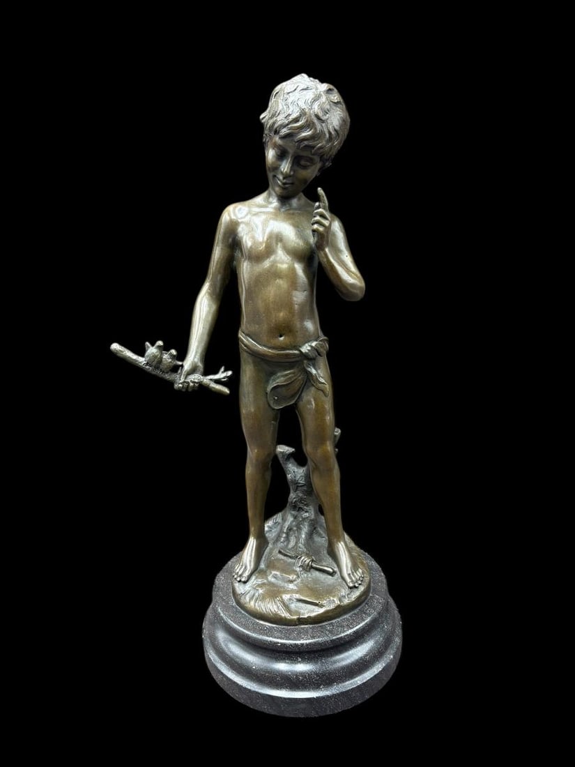 Bronze Sculpture by Auguste Moreau " Boy with Birds on a Stick": Bronze Sculpture by Auguste Moreau "Boy with Birds on a Stick". Auguste Moreau (1834 – 1917) was a French sculptor born in Dijon. This is a 15" tall sculpture of a nude boy covered only by a belted