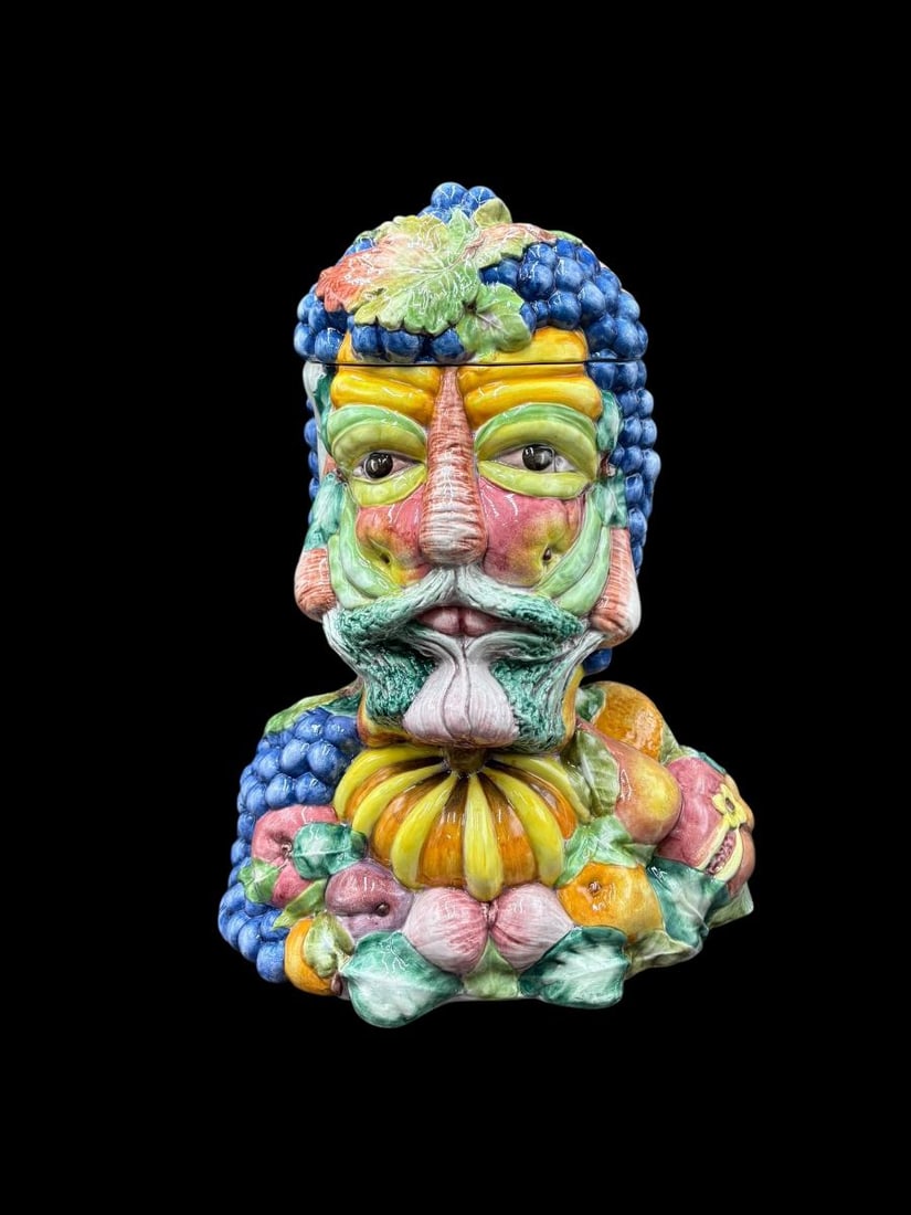 1960's Large Italian Giuseppe Arcimboldo Style Ceramic Lidded Vessel Bust: 1960's Large Italian Giuseppe Arcimboldo Style Ceramic Lidded Vessel Bust. This is colorful pottery sculpture from HORCHOW with fruits & vegetables produced in the 1960's. Marked on the bottom "Made i