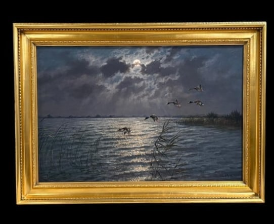 Oil Painting Signed J. L. Vander Meide - "Ducks In Flight Over Water" (1 of 20)