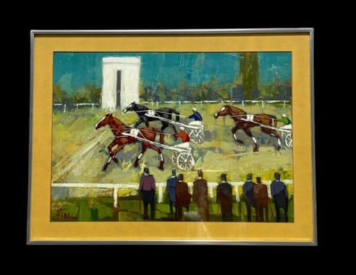 Luis Vidal Oil on Canvas Painting "Horse Race Finish Line" circa 1970 (1 of 16)