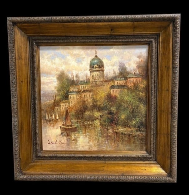 Impressionist European Scene - Framed Oil Painting signed by Artist W. Eddie: Impressionist European Scene Framed Oil Painting signed by Artist W. Eddie. Eddie, born in Hong Kong 1955 graduated from the prestigious Hong Kong Art Academy. Eddie is inspired by his extensive trave