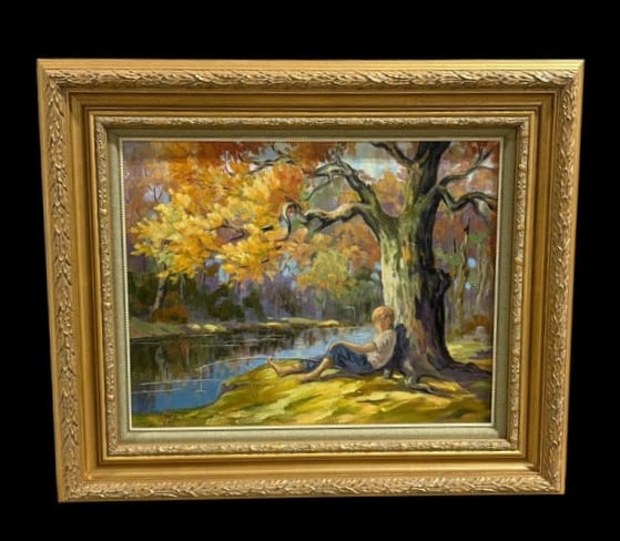 1961 "Boy Fishing" Oil on Board by American Artist Inez Tatum: 1961 "Boy Fishing" Oil on Board by American Artist Inez Tatum. This painting by Inez Tatum (American 1893-1992) shows a boy relaxing & fishing by a stream surrounded by an array of fall leaves on the