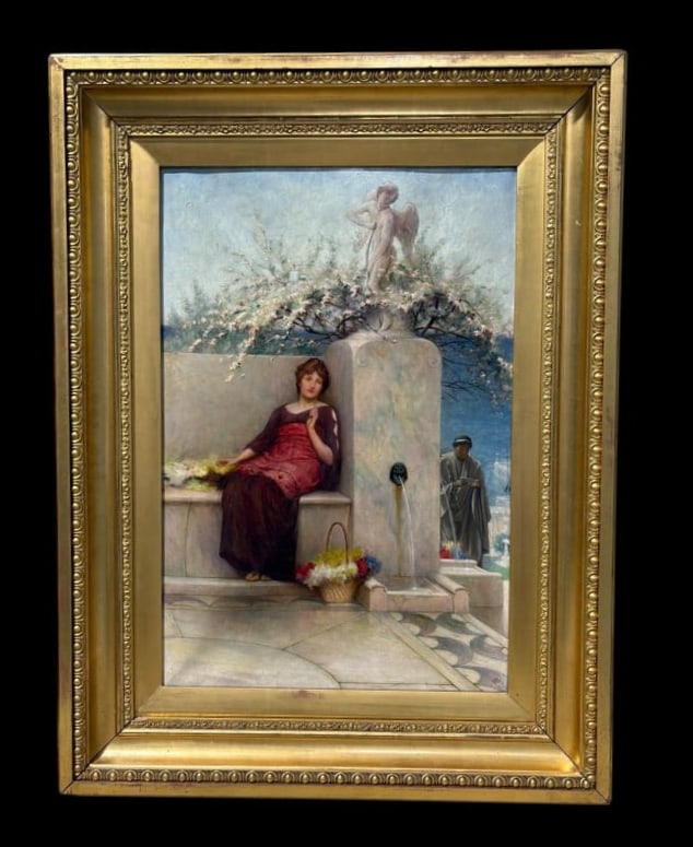 Large Antique Alfred Weatherstone Oil on Canvas Woman & Angel by the Fountain Greek Scene: Antique Alfred Weatherstone Oil on Canvas Woman & Angel by the Fountain Greek Scene. ALFRED WEATHERSTONE (ENGLISH 1888-1929), this Neoclassical art piece in Grecian style shows a scene of a woman sitt