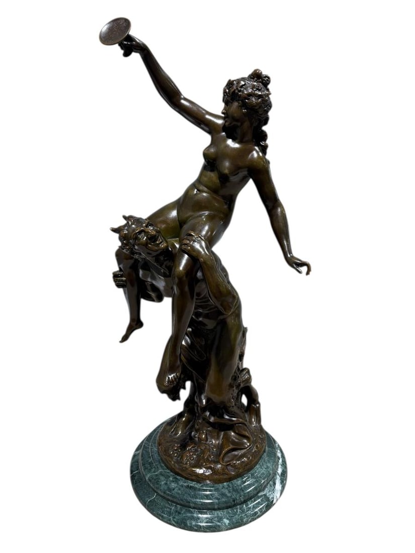 26" Bronze Sculpture Devil and the Woman by Claude Michel Clodion: Bronze Sculpture Devil and the Woman by Claude Michel Clodion. Claude Michel known as Clodion, French Artist from Nice France (1738-1814), signed this bronze piece showing a beautiful nude woman sitti