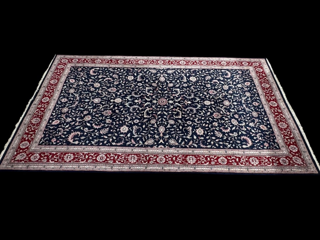 Indo Persian Rug, Rajasthan, North India Wool On Cotton 24.5' x 13.75' w/ appraisal: Indo Persian Rug, Rajasthan, North India Wool On Cotton 24.5' x 13.75' w/appraisal. Circa 1950'60. Navy blue field with all-over formal design, displaying palmettes linked by curved vines and leaves w
