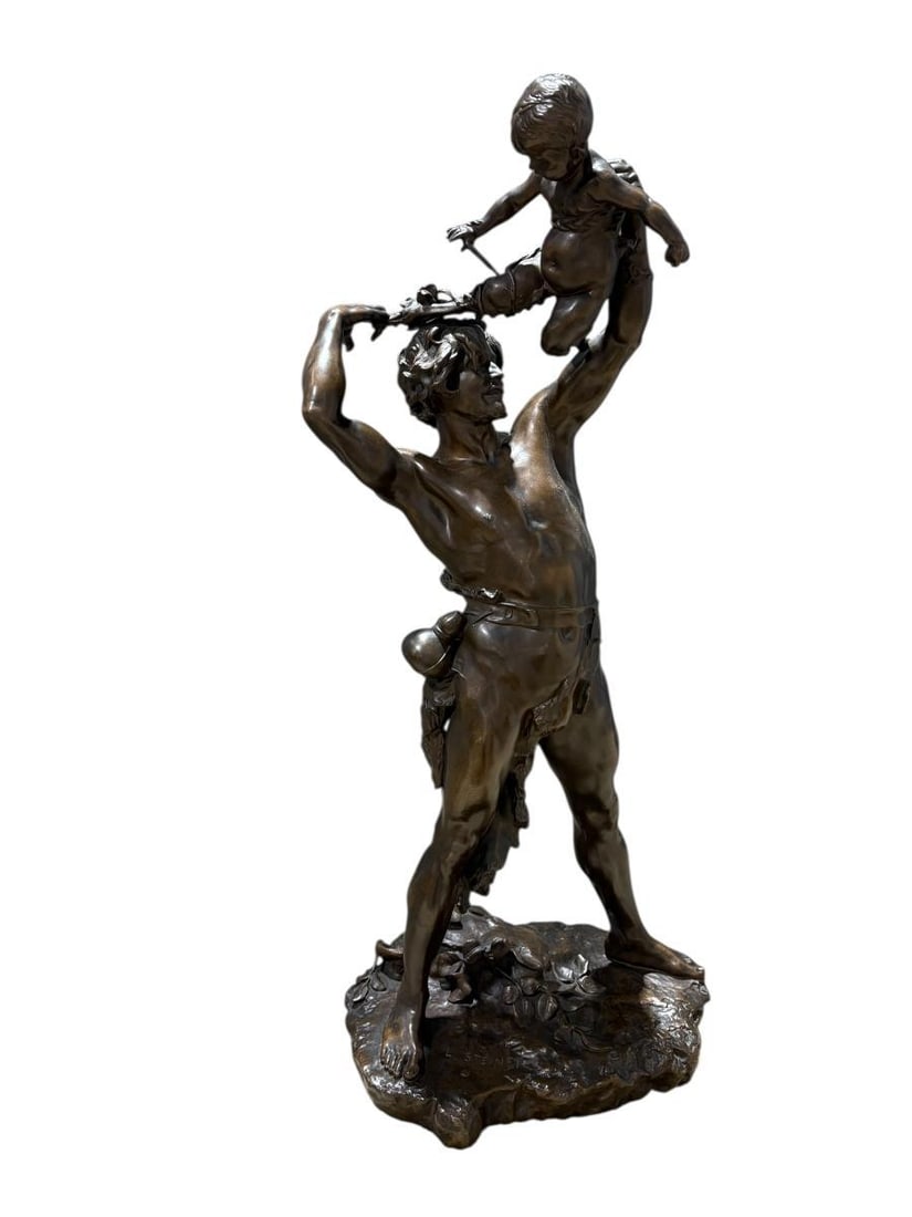 25" Bronze Sculpture by Clement L Steiner "Bacchus with Satyr" Signed: Bronze Sculpture by Clement L Steiner "Bacchus with Satyr" Signed. CLEMENT-LÉOPOLD STEINER (FRENCH, 1853-1899) bronze sculpture with the character Bacchus and young faun bronze child. It is signed
