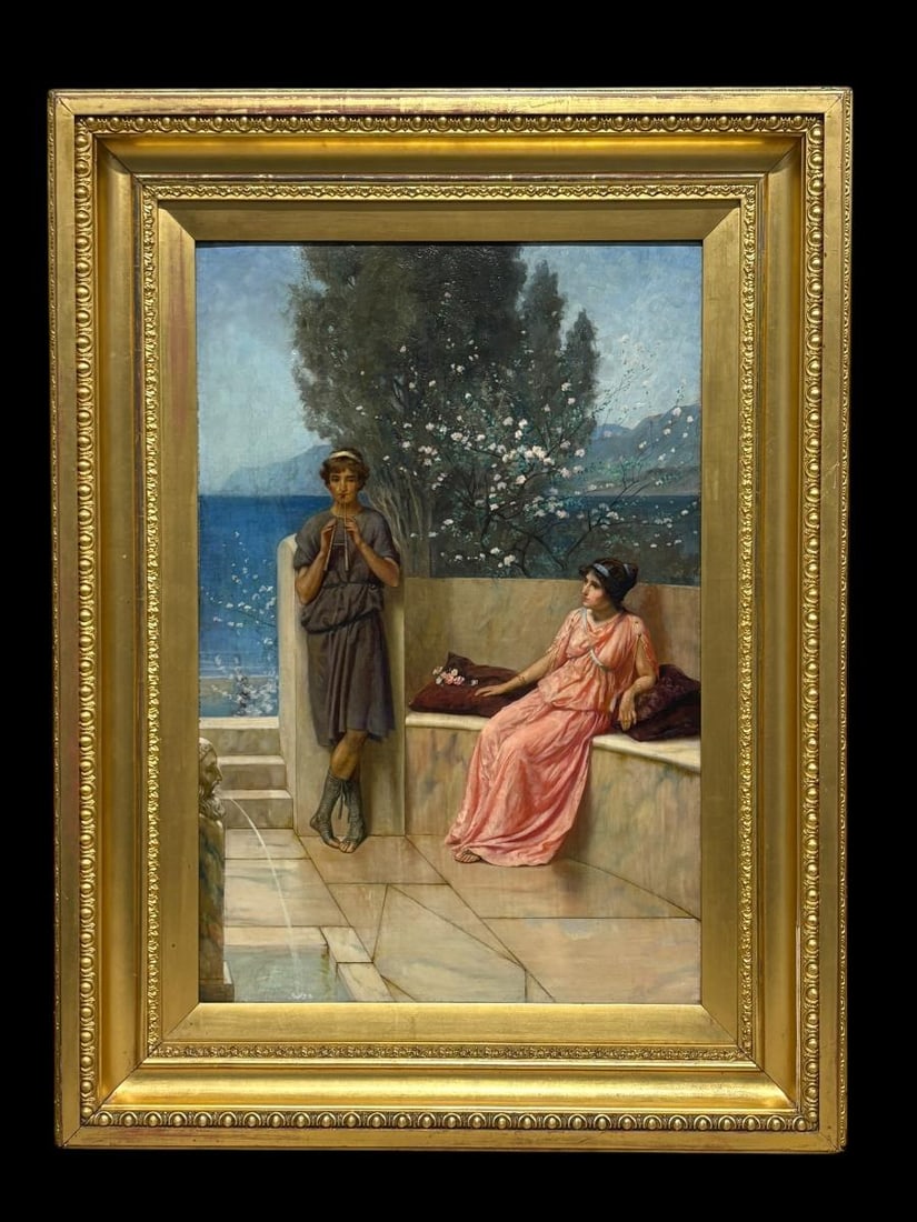 Large Antique Alfred Weatherstone Oil on Canvas Woman & Man Playing the Flute Greek Scene: Antique Alfred Weatherstone Oil on Canvas Woman & Man Playing the Flute Greek Scene. ALFRED WEATHERSTONE (ENGLISH 1888-1929), this art piece in Grecian style shows a scene of a woman sitting on a conc