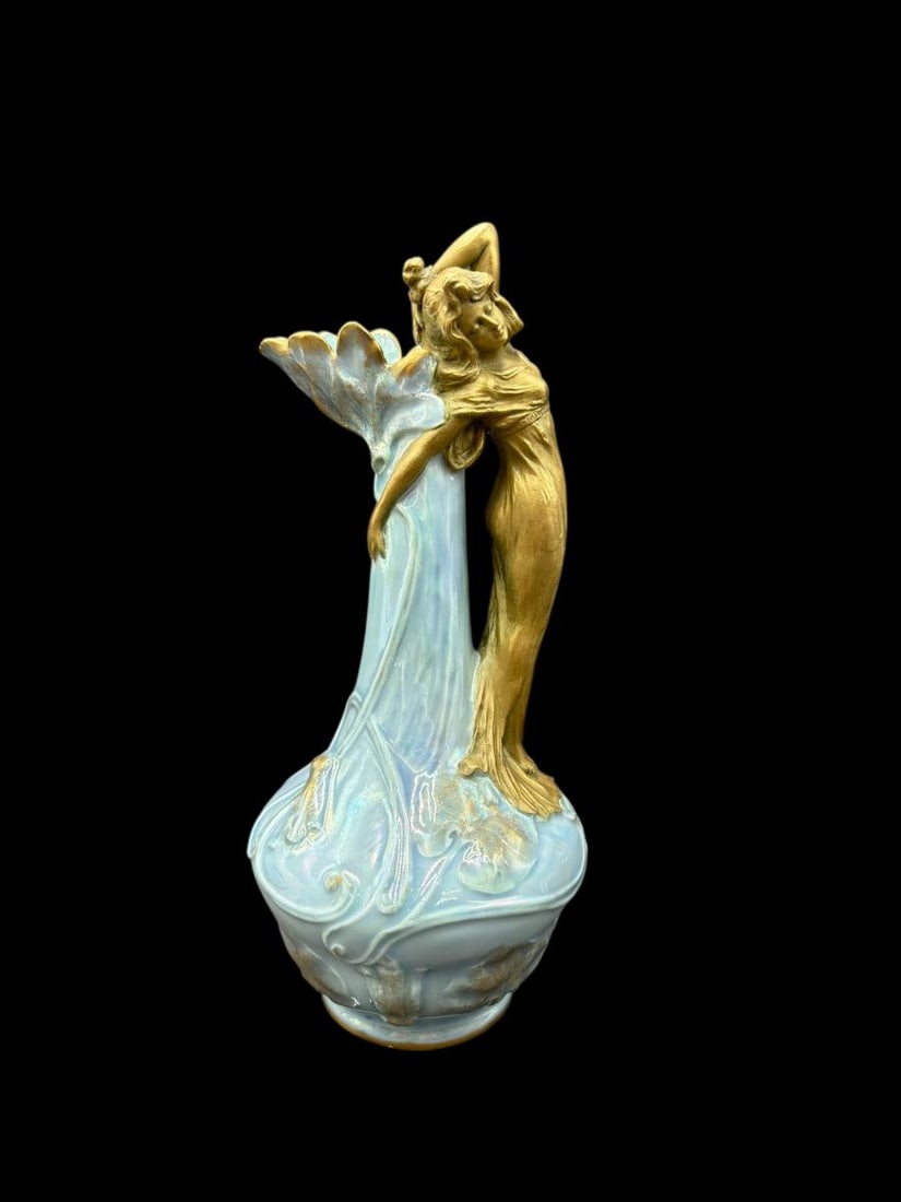 Art Nouveau 8" Blue Figural Vase with Gold Maiden Handle (1 of 13)