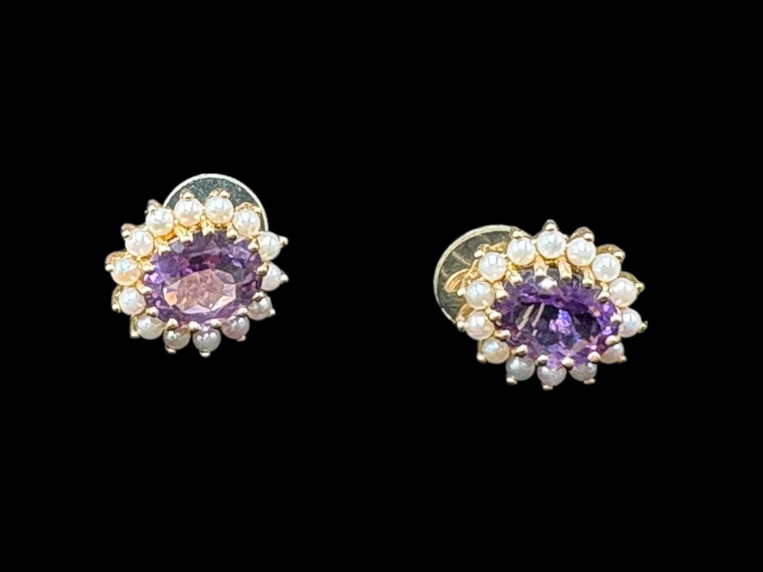 Pearl Choker Necklace with Matching Earrings 14k Gold and Amethyst Stones - 10
