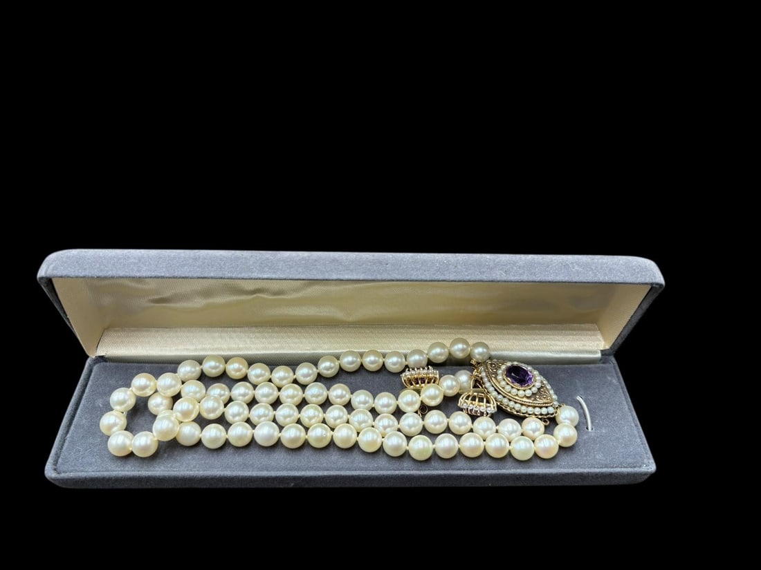 Pearl Choker Necklace with Matching Earrings 14k Gold and Amethyst Stones - 12