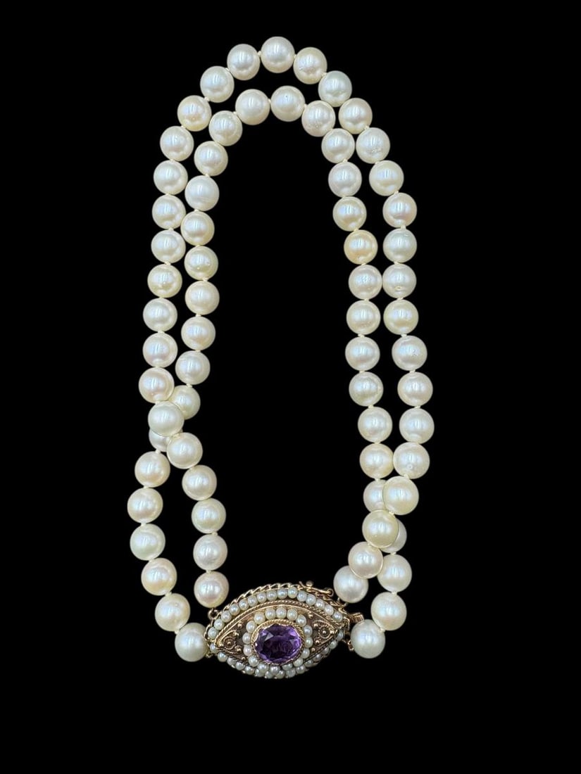 Pearl Choker Necklace with Matching Earrings 14k Gold and Amethyst Stones - 2