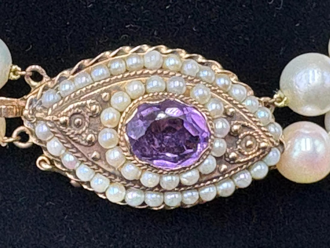 Pearl Choker Necklace with Matching Earrings 14k Gold and Amethyst Stones - 3