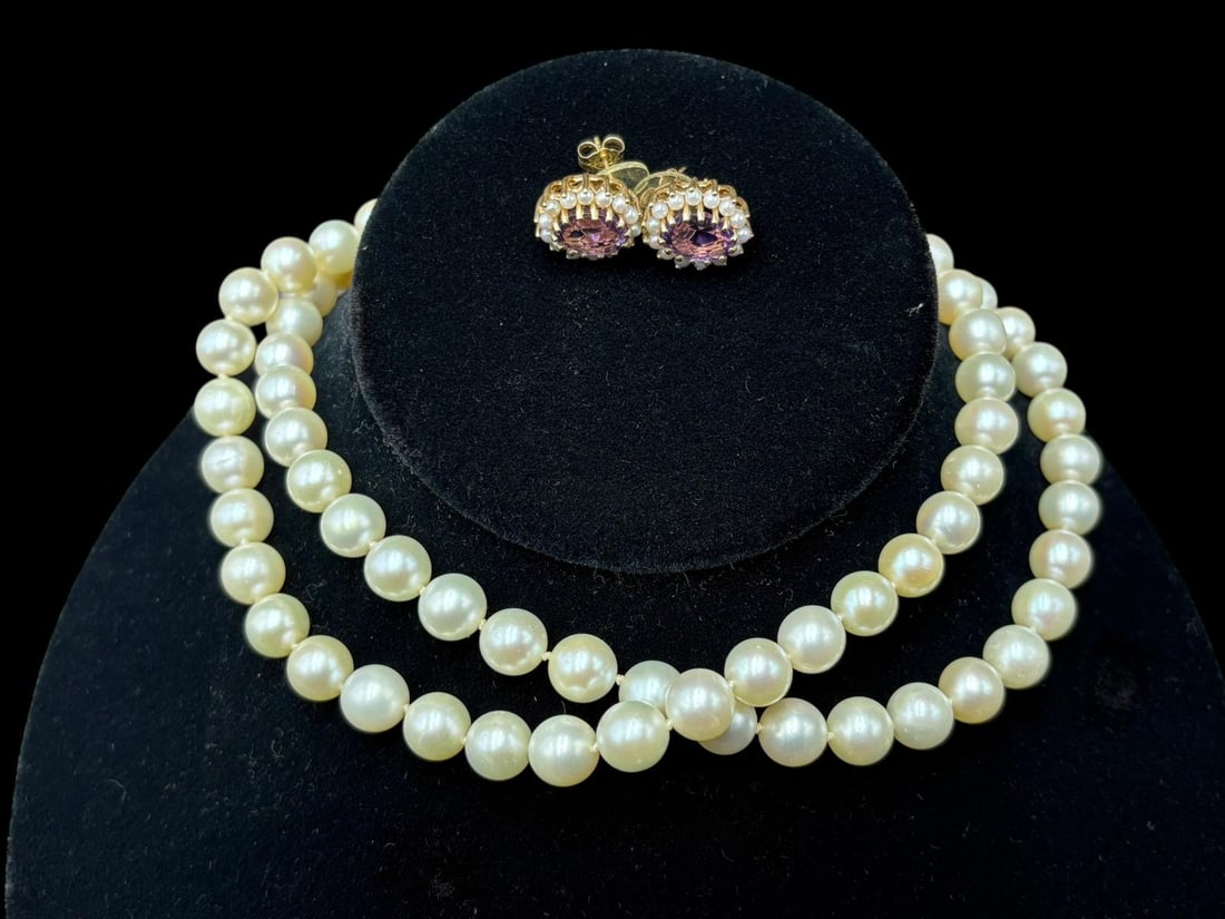Pearl Choker Necklace with Matching Earrings 14k Gold and Amethyst Stones - 6