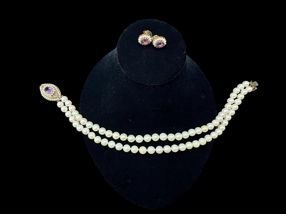 Pearl Choker Necklace with Matching Earrings 14k Gold and Amethyst Stones - 7