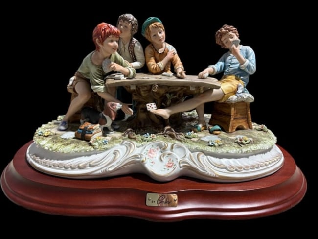 Capodimonte "The Cheats" Fine Italian Porcelain Sculptured Scene by Cortese #330: Capodimonte "The Cheats" Fine Italian Porcelain Sculptured Scene by Cortese. This is an amazing and detailed sculpture by German Cortese. It is a limited edition with this one numbered #330.00. 
