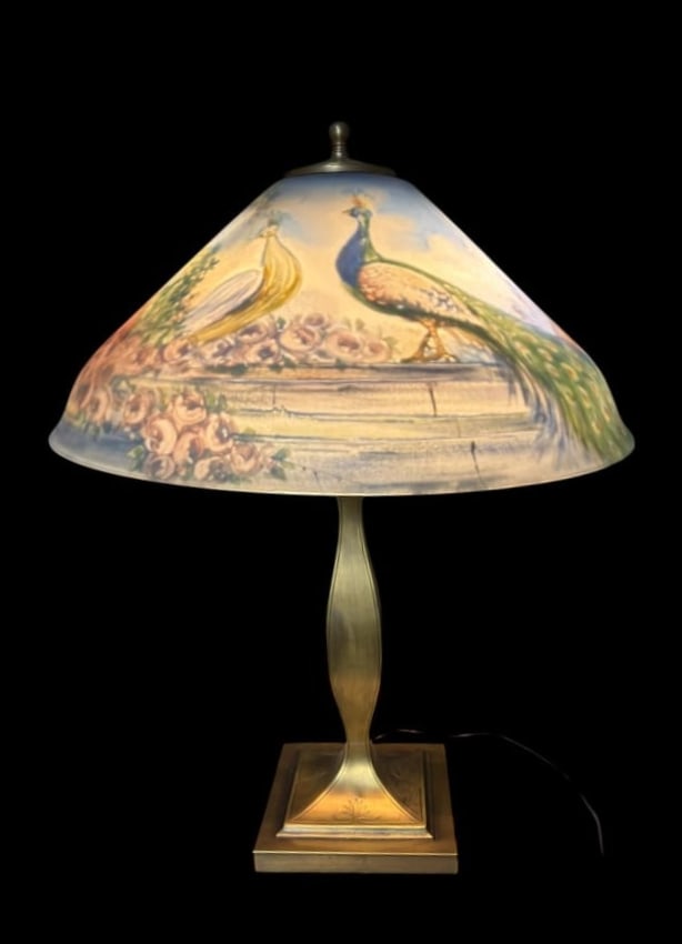 Large American Pairpoint Reverse Painted Signed Peacock Lampshade with Bronze Base: Large American PairPoint Reverse Painted Signed Peacock Lampshade with Bronze Base. This beautiful Pairpoint shade is a reversed painting of 2 peacocks and a garden of flowers with a statue. It is