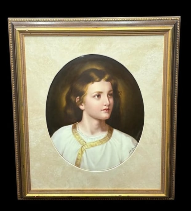 Early 1900's KPM Signed Framed Oval Plaque of Young Jesus by H. O. Punsch: Early 1900's KPM Signed Framed Oval Plaque of Young Jesus by H. O. Punsch. This is a beautiful KPM painted porcelain plaque of "The Boy Jesus in the Temple". Oval in shape the painted porcelain plaque