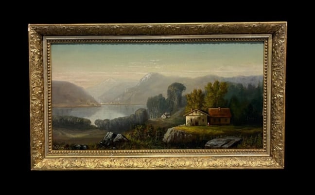 19th Cent. European Oil on Panel Landscape signed La Roy 1870: European Scenic Oil on Panel Landscape signed La Roy 1870. This is a beautiful impressionist scene of a mountain side , with lake and cottages and trees. It is an oil painted on board and is signed