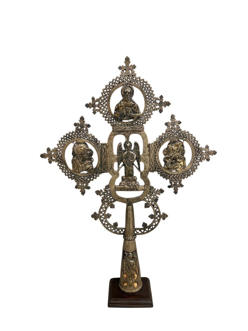 Ethiopian Coptic Silver Nickel Processional Cross 21.5" tall: Ethiopian Coptic Silver Nickel Processional Cross 21.5" tall. From Northeastern Africa this Orthodox Coptic cross was created using the lost wax casting method, moulton coin silver and other various