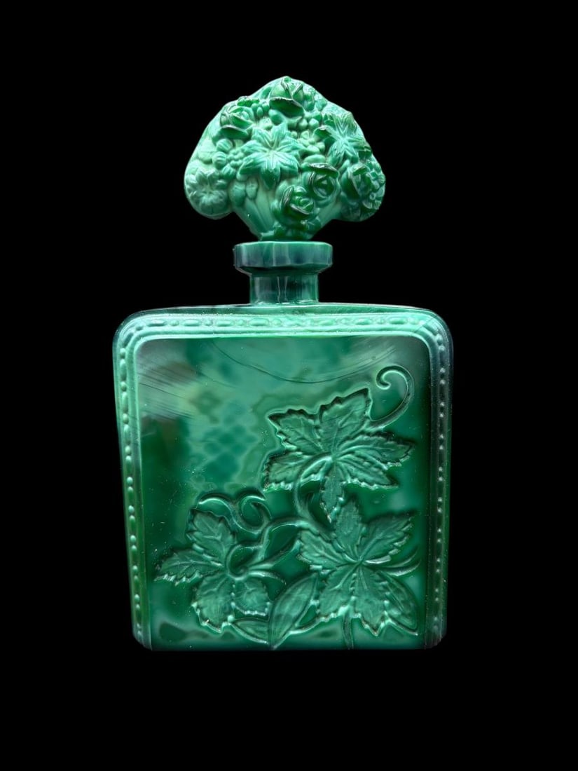 Art Deco Malachite Glass Perfume Bottle after Heinrich Hoffmann: Art Deco Malachite Glass Perfume Bottle after Heinrich Hoffmann. This is a malachite Glass intricately detailed perfume bottle of embossed flower & leaf design. The stopper is an embossed decorated fl