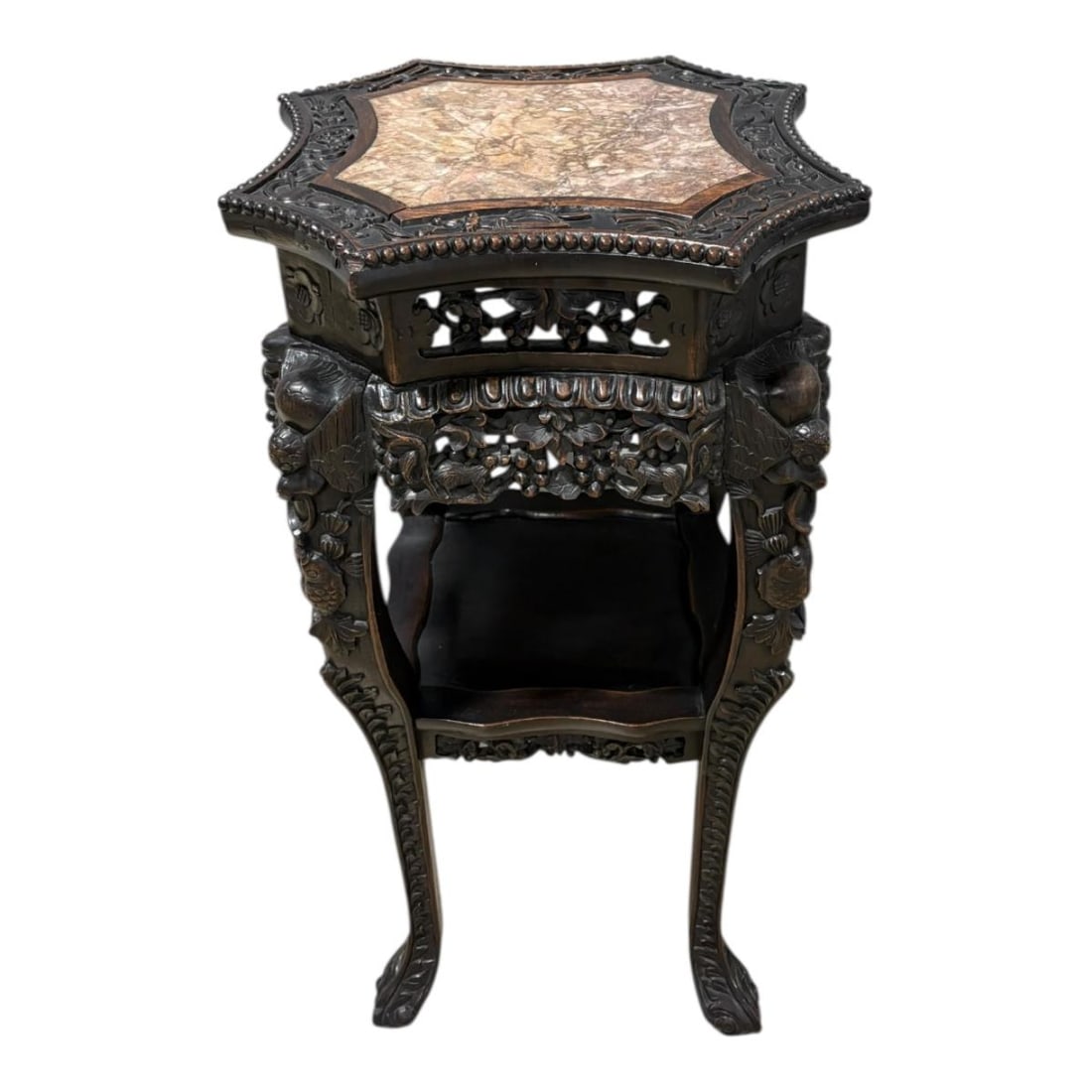 19th Cent. Highly Carved Chinese Hardwood & Marble Taboret Table (1 of 15)