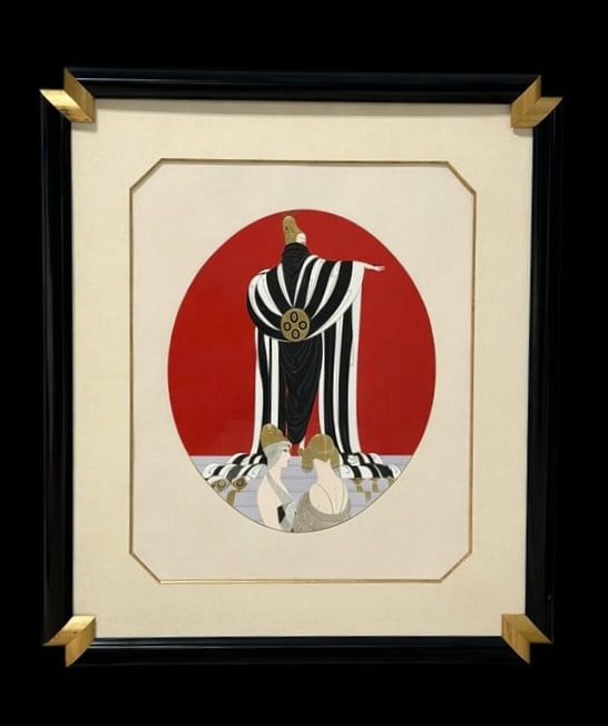 52" Tall - ERTE' Signed & Numbered Art Deco Large Framed Serigraph Print "Monaco": ERTE' Signed & Numbered Art Deco Large Framed Serigraph Print "Monaco" . The lovely image shows two 'fashionistas' looking on, the model’s luxurious black and gold-striped cloak cascades from her ou