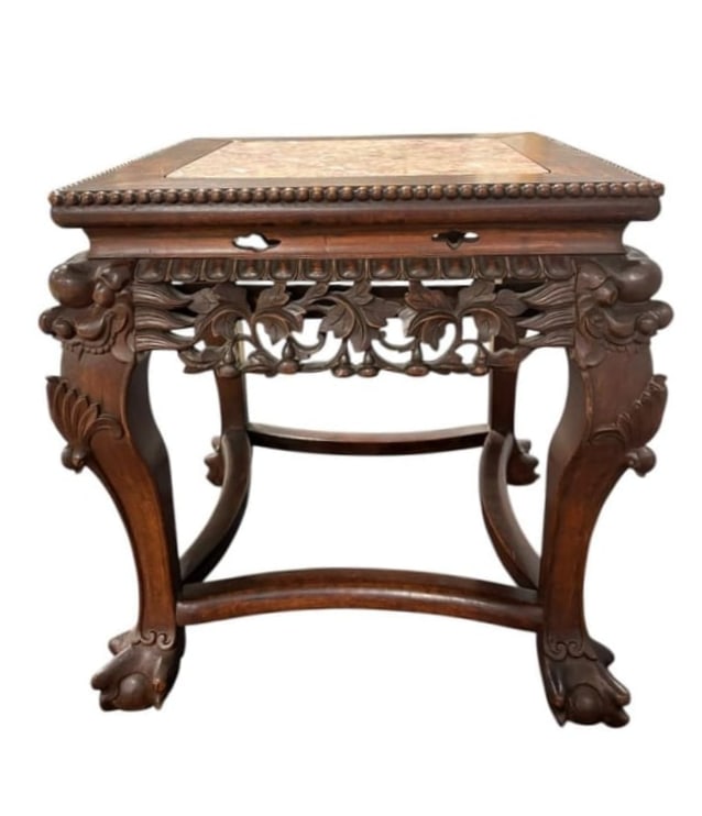 Highly Carved Chinese Hardwood & Marble Side Table (1 of 17)
