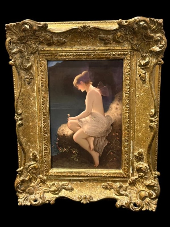 Antique KPM Porcelain Framed Plaque Neoclassical Fairy Scene: Antique KPM Porcelain Framed Plaque Neoclassical Fairy Scene. This is a stunning KPM art piece showing a classical fairy with wings, holding a butterfly in a dreamy water, rock and flower scene. The f