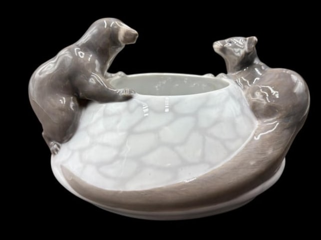 Royal Copenhagen Denmark - Art Nouveau Porcelain Bowl with 2 Otters No. 601: Royal Copenhagen Art Nouveau Porcelain Bowl with 2 Otters No. 601. This Scandinavian design is a beautiful glazed porcelain with 2 otters sitting on the sides with their long tails wrapped around the