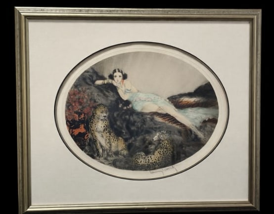 Framed Art Deco Etching by French Artist Louis Icart "Leopards": Framed Art Etching by French Artist Louis Icart "Leopards" Art Deco . Louis Icart famous Art Deco illustrator (French, 1888-1950). This artwork shows a elegant woman posing with 2 exotic leopards. Thi