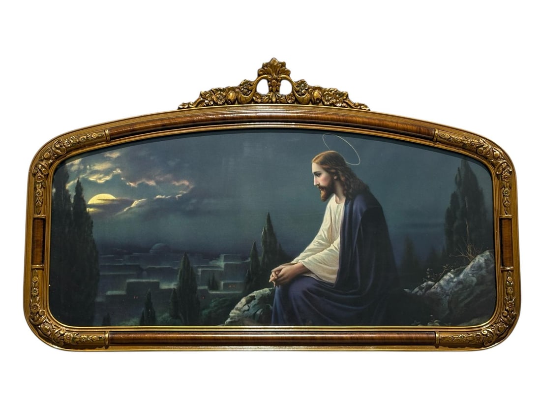 1930's Jesus Sitting on Mount of Olives Lithograph Print, Wood Gesso Frame (1 of 12)