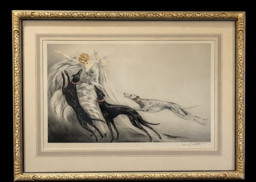 Framed Art Deco Etching by French Artist Louis Icart "Coursing II" 1929: Framed Art Etching by French Artist Louis Icart "Coursing II" 1929 Art Deco. Louis Icart famous Art Deco illustrator (French, 1888-1950). This artwork shows an original hand colored etching of an eleg