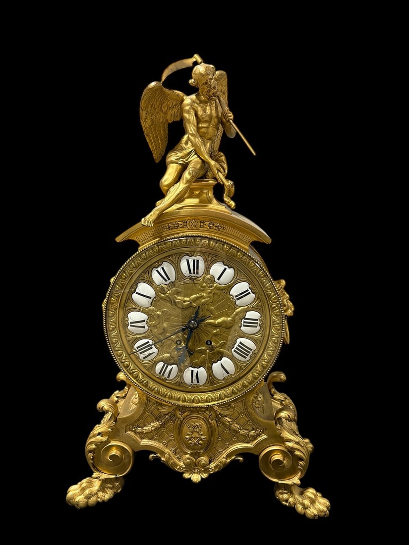 Late 19th Century French Louis XIV Gilt Bronze Mantel Clock - Le Roy et Fils: Late 19th Century French Louis XIV Gilt Bronze Mantel Clock. Most likely by markings inside the clock LF could refer to famous clock maker le Roy et Fils , Paris. The Mercury gilded bronze clock is su