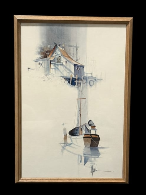 Original Watercolor Framed Boat & Dock Art by Mark Polomchak: Original Watercolor Framed Boat & Dock Art by Mark Polomchak. Indiana born artist Mark Polomchak, a 1975 graduate in fine art at Indiana University, Mr. Polomchak has exhibited his watercolors in vari