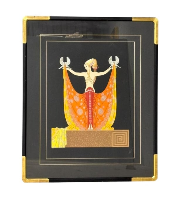 Erte' Art Deco "Venus" Signed and Limited Edition Embossed Serigraph 56/300: Erte' Art Deco "Venus" Signed and Limited Edition Embossed Serigraph 56/300. 1986 Art Deco beauty in brilliant colors of oranges, reds and yellows with embossed gold and silver embellishments. Framed