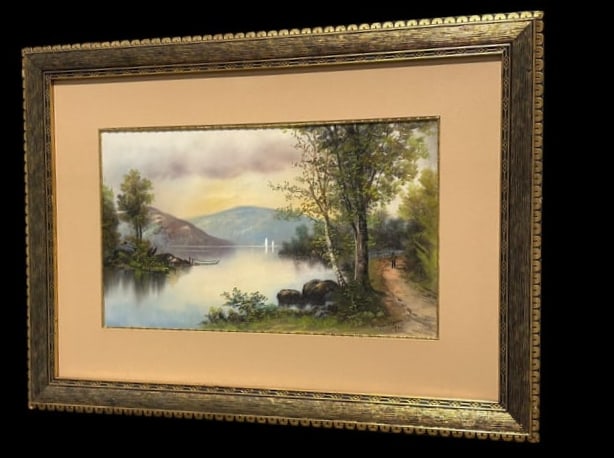 Gold Framed Mountain/Lake Pastel - John W. Clarke 1892: Gold Framed Mountain/Lake Pastel signed J. W. Clarke 1892. The artist J.W. Clarke (John W. Clarke, 1862-1940) was born in London, England, but moved to Canada as a child and later settled in Toledo, O