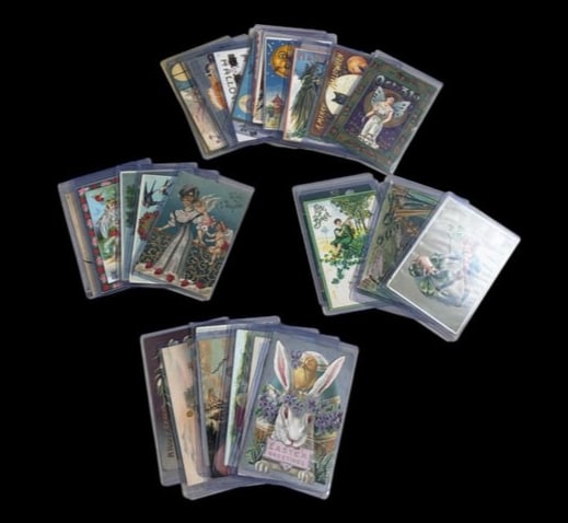 Estate Lot of 30 Vintage Postcards in Sleeves- Valentine, St Pats, Easter & Halloween: Estate Lot of 30 Vintage Postcards in Sleeves- Valentine, St Pats, Easter & Halloween. This is a wonderful lot of early 1900's post cards : 6- Valentine Cards. 5- St. Patricks Day cards. 7- Easter Car