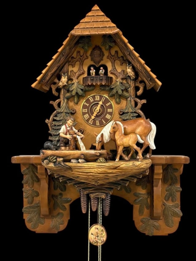 Large Black Forest German Carved 8 Day Musical Cuckoo Clock - Boy & Horses (1 of 20)