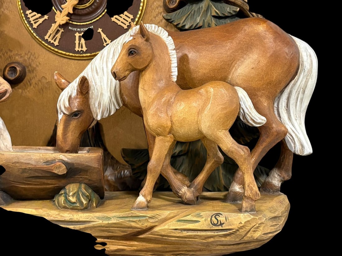 Large Black Forest German Carved 8 Day Musical Cuckoo Clock - Boy & Horses - 7
