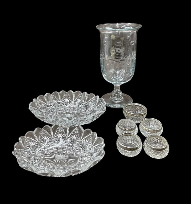 White Star Line Estate Lot of 5 Sterling Rimmed Salt Cellars, Crystal Vase & 2 WSL Pressed Crystal B (1 of 14)
