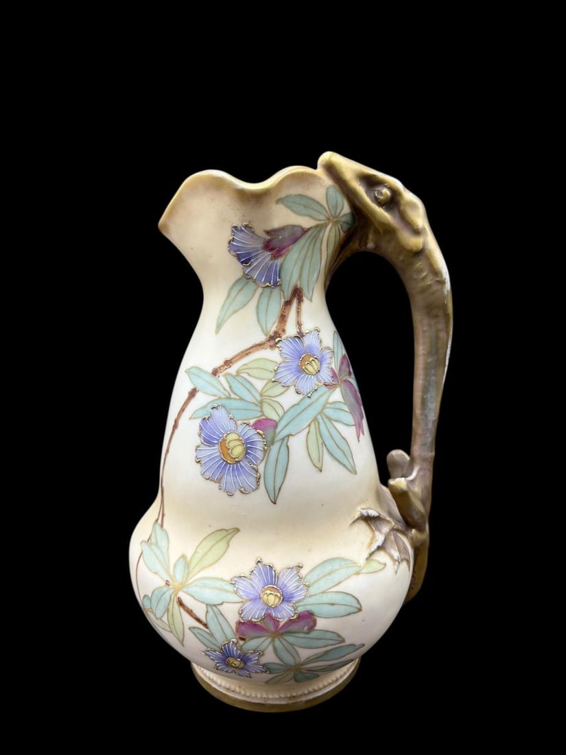 RSTK Turn Teplitz Bohemian Hand Painted Porcelain Urn Vase with Salamander: RSTK Turn Teplitz Bohemian Hand Painted Porcelain Urn Vase with Salamander. This is a stunning Art Nouveau hand painted vase with flowers and bamboo shoots on the front and a bamboo branch with
