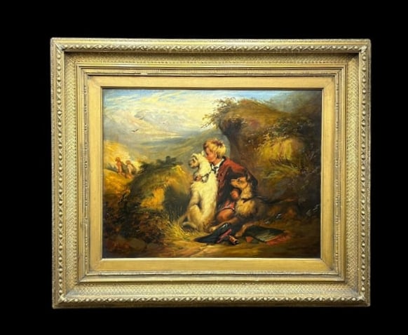 Antique Oil Painting on Tin - " Boy in the Field with his Dogs": Antique Oil Painting on Tin - " Boy in the Field with his Dogs". The piece is unsigned. This is a beautiful antique piece of art painted on tin, showing a boy with 2 dogs sitting in a field. There