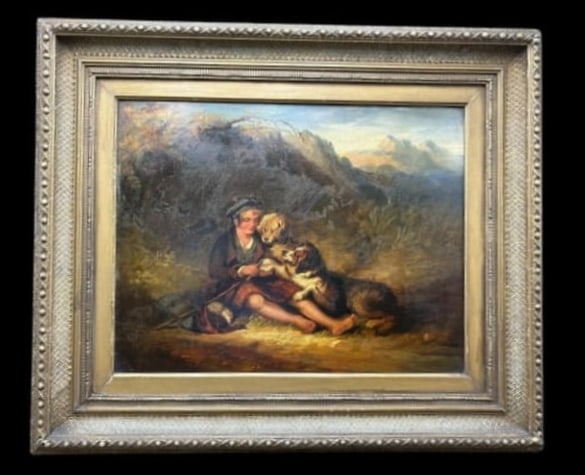 Antique Oil Painting on Tin - " Scottish Boy in Field with his Dogs": Antique Oil Painting on Tin - " Scottish Boy in Field with his Dogs" . This is a beautiful antique piece of art painted on tin, showing a Scottish boy with 2 dogs sitting in a field while he is