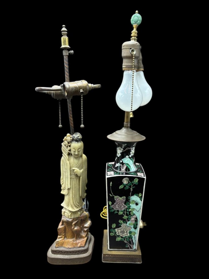 Estate Lot of 2 Chinese Table Lamps - Soapstone Figural & Famille Noir Painted Porcelain: Estate Lot of 2 Chinese Table Lamps - Soapstone Figural & Famille Noir Painted Porcelain . 1- Early 20th Century Jade "like" soapstone, very cold to the touch Buddha Lady Lamp. Carved stone rock