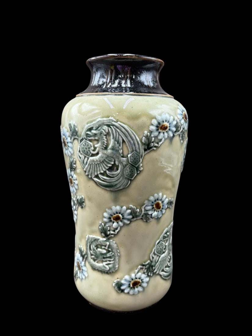 Doulton Lambeth Pottery Asian Style Relief Work Vase - Margaret Aitken: Doulton Lambeth Pottery Asian Style Relief Work Vase - Margaret Aitken. A Doulton Lambeth pottery vase is a collectible ceramic piece from Doulton, England that features distinctive Victorian-era
