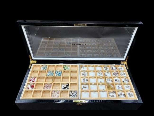 Estate Lot of Pandora & ALE .925 Charms with Pandora Display Case: Estate Lot of Pandora & ALE .925 Charms with Pandora Display Case . The standard marker's mark on Pandora jewelry is "ALE", which stands for Algot Enevoldsen, the father of Pandora founder, Per
